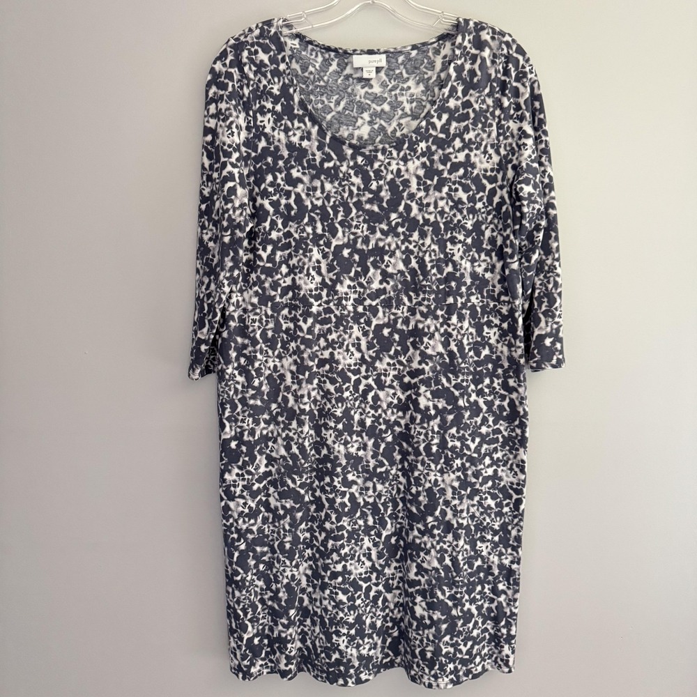 Pure Jill Dress Womens M Gray Animal Print 3/4 Sleeve Shift Pockets Knee Length